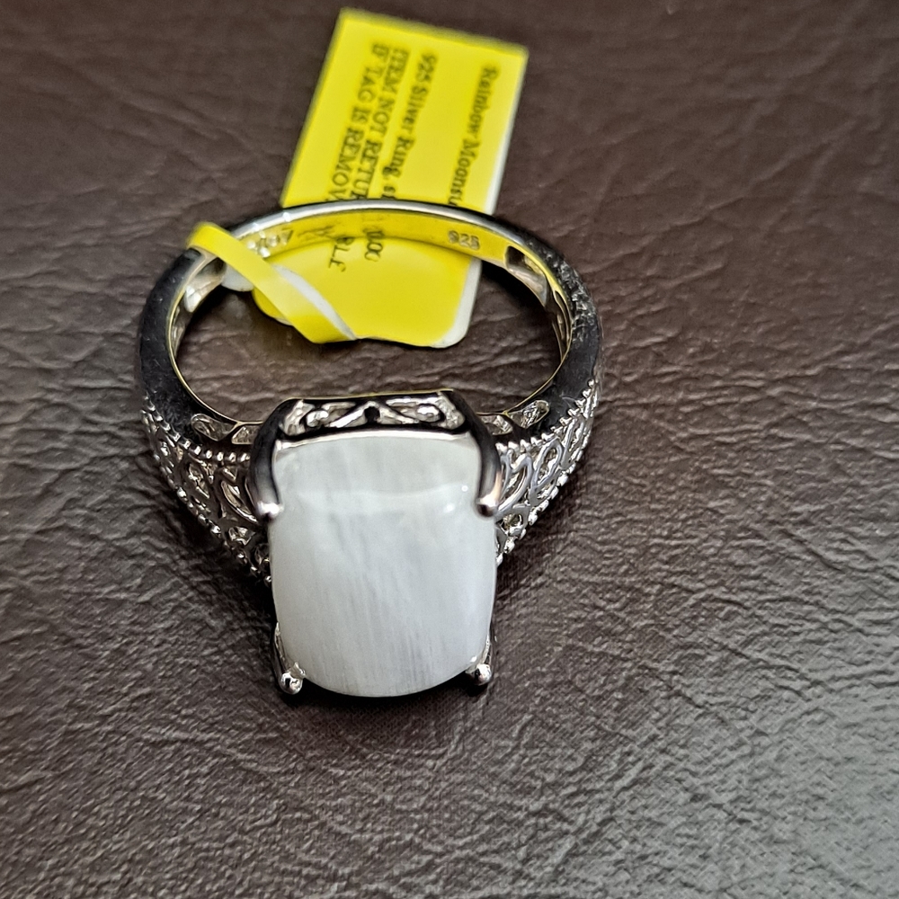Rainbow Moonstone Ring Platinum over Sterling size 10